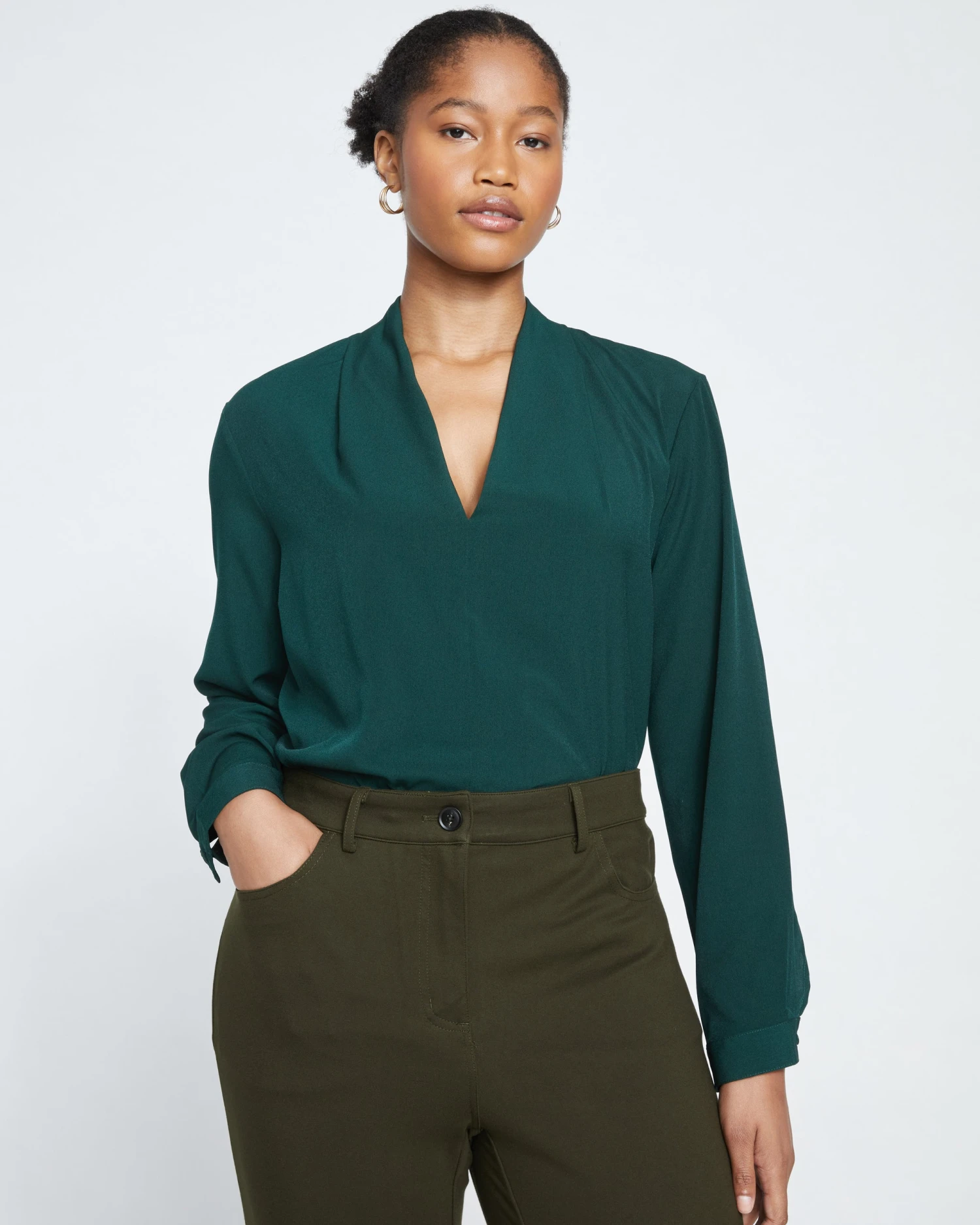 Better-Than-Silk Long Sleeve V-Neck Top - Forest Green - Image 2