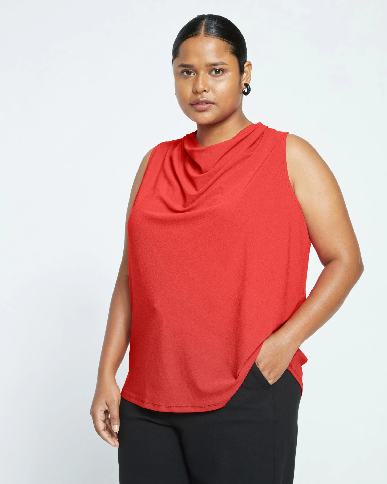 Crepe Jersey Cowl Tank Blouse - Vermilion Red - Image 3