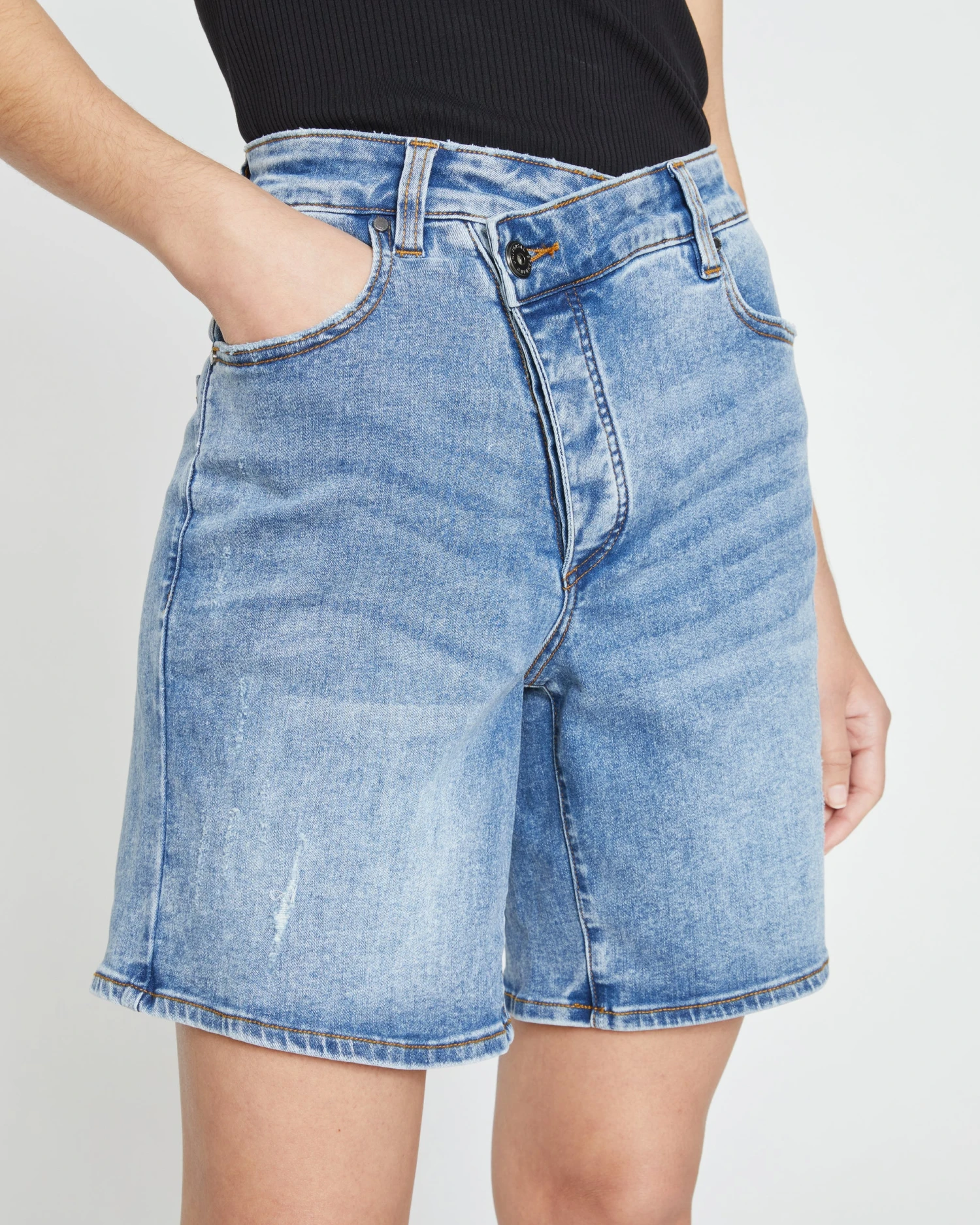 Katie High Rise Crossover Denim Shorts - Distressed Vintage Indigo Wash - Image 5