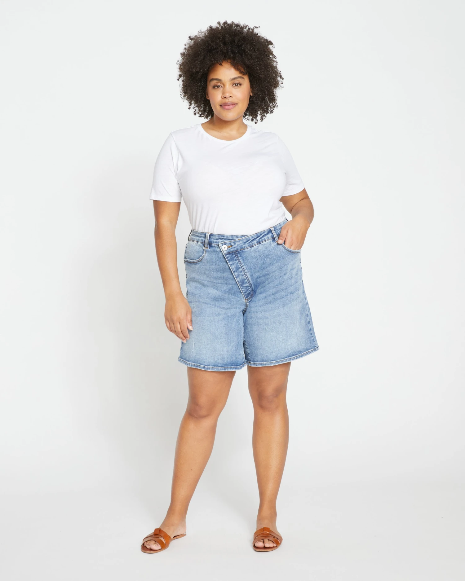 Katie High Rise Crossover Denim Shorts - Distressed Vintage Indigo Wash - Image 2