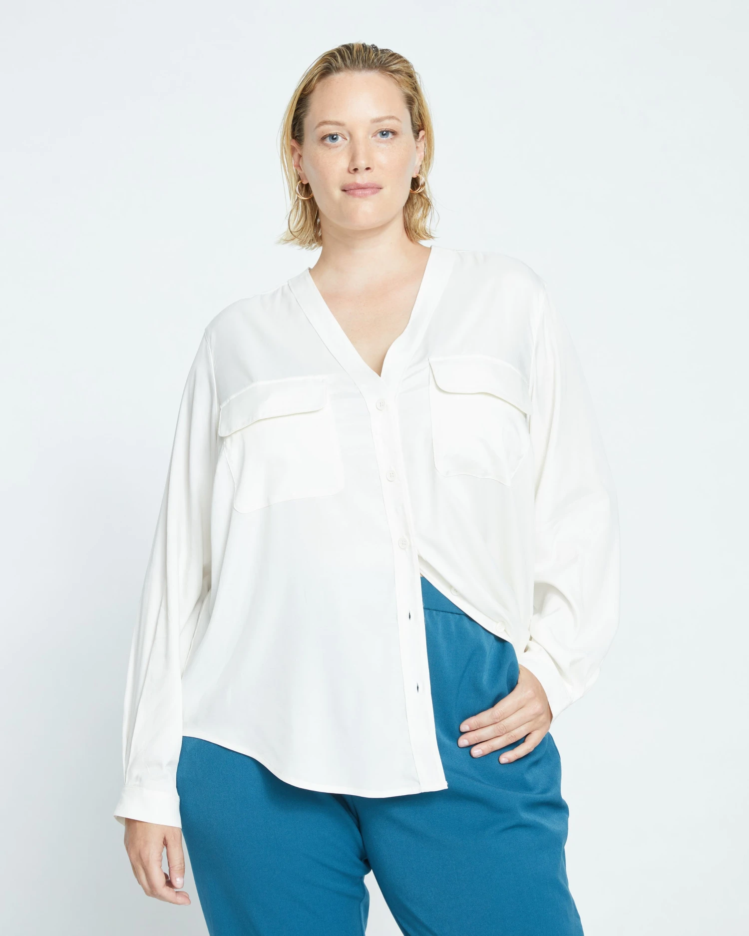 Cooling Stretch Cupro Button-Down Blouse - Cream - Image 3