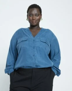 Cooling Stretch Cupro Button-Down Blouse - Storm