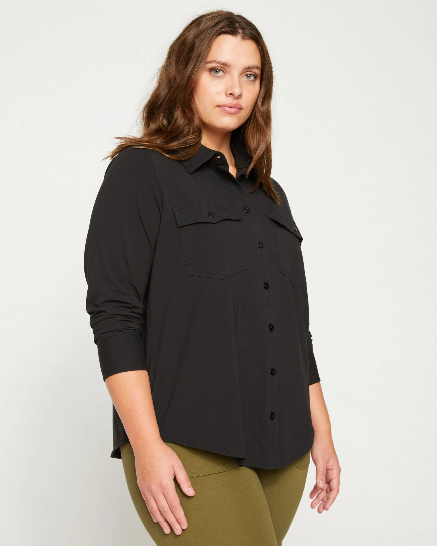 Ava Cotton Jersey Button-Down Shirt - Black - Image 3