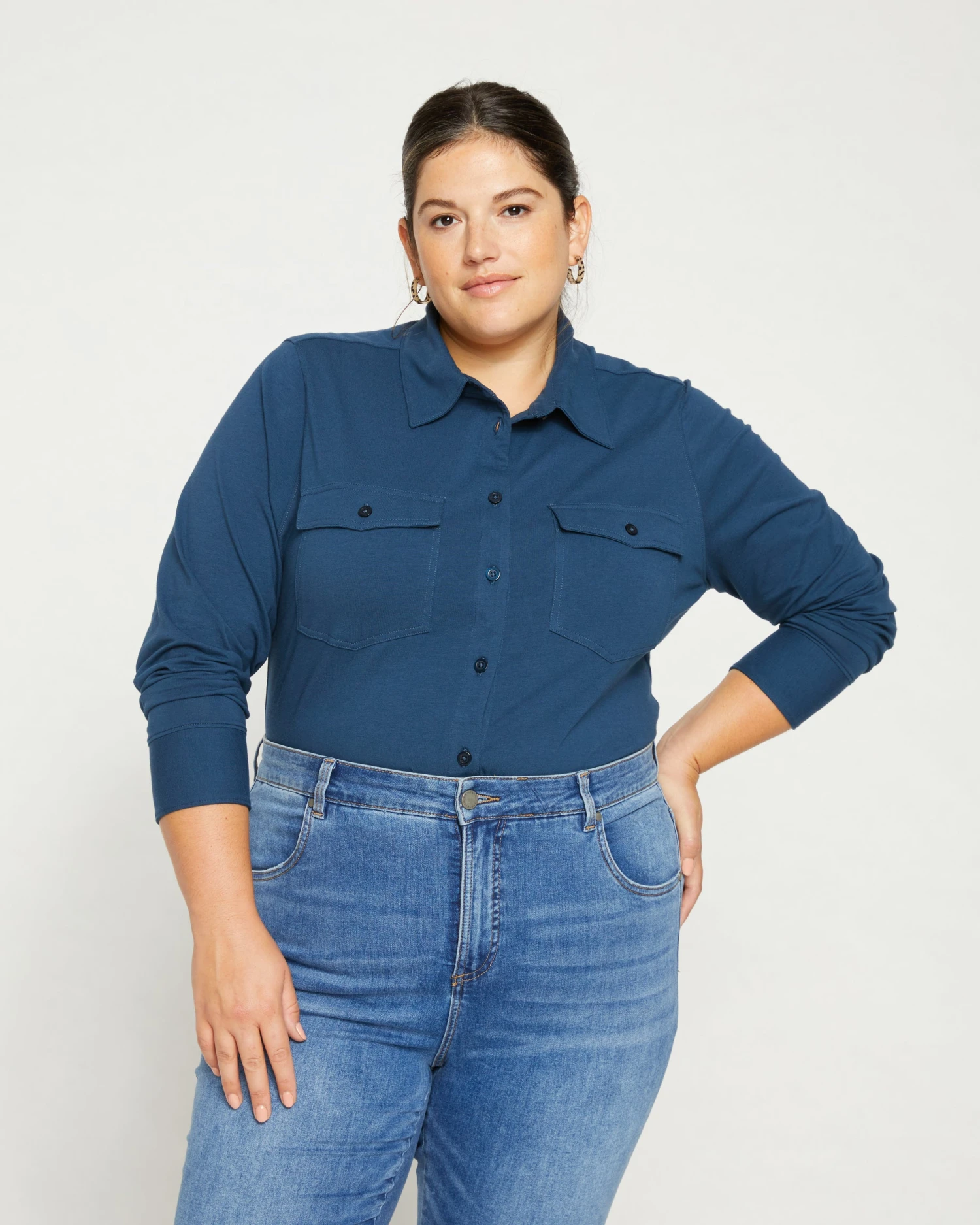 Ava Cotton Jersey Button-Down Shirt - Storm - Image 2