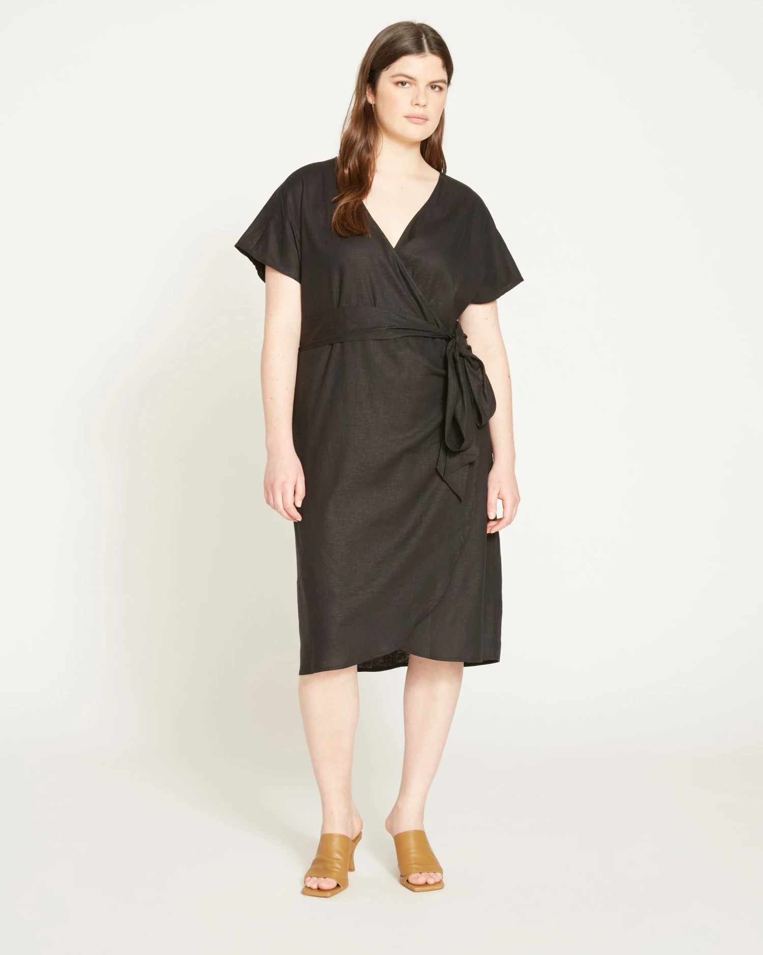 Tulip Hem Linen Wrap Dress - Black