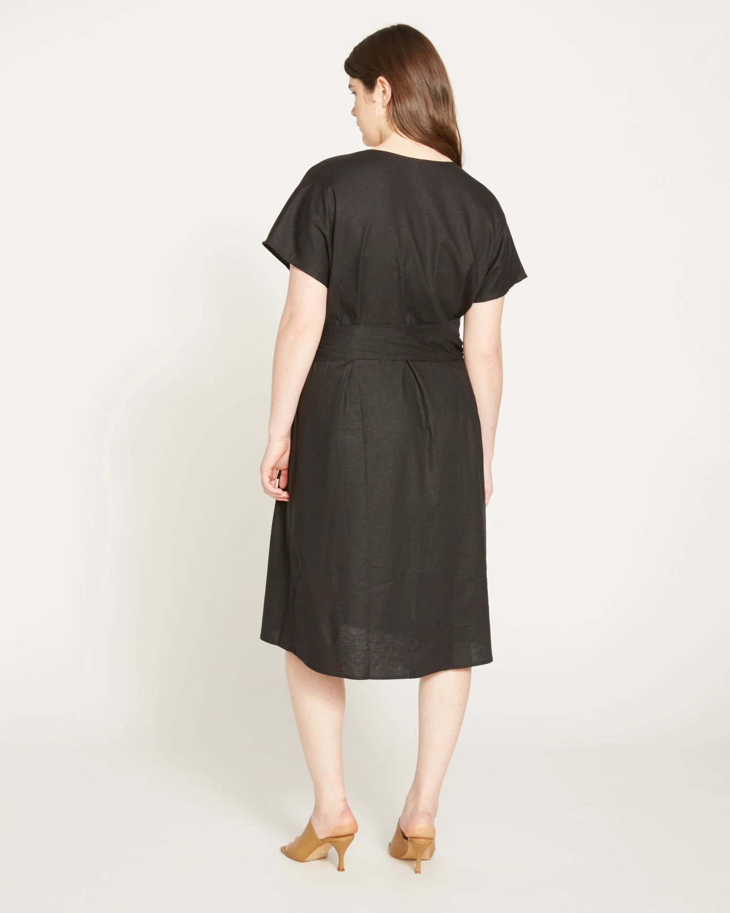 Tulip Hem Linen Wrap Dress - Black - Image 4
