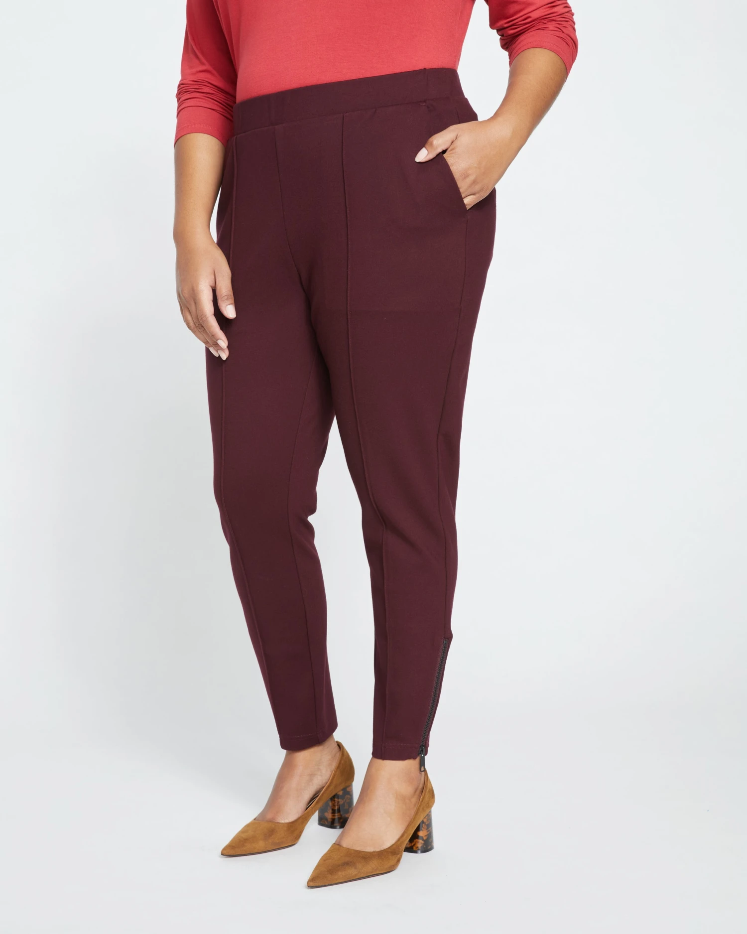 Moro Pintuck Pocket Ponte Pants - Black Cherry