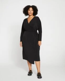 Velvety-Cool Jersey Wrap Dress - Black