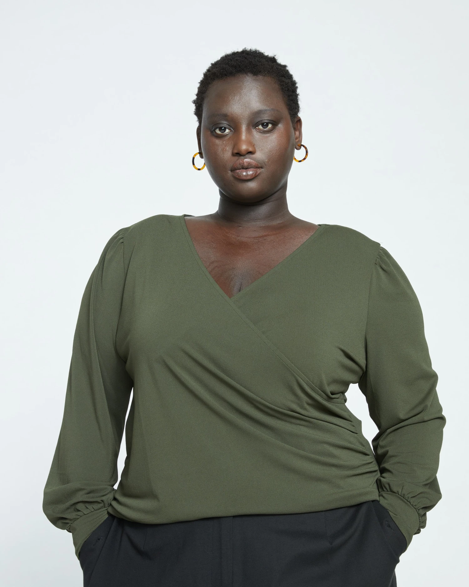 Crepe Jersey Gathered V-Neck Blouse - Evening Forest - Image 2