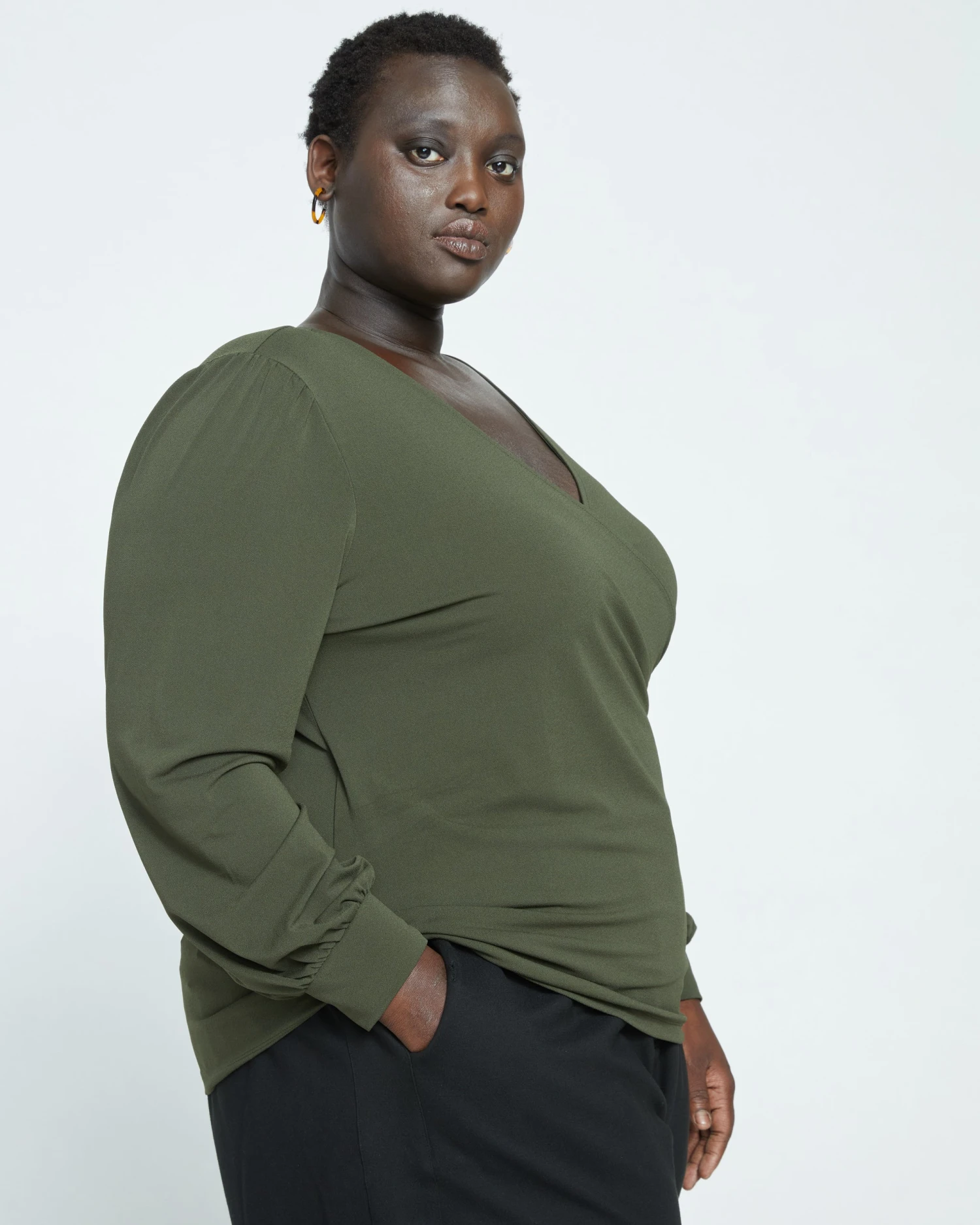 Crepe Jersey Gathered V-Neck Blouse - Evening Forest - Image 3