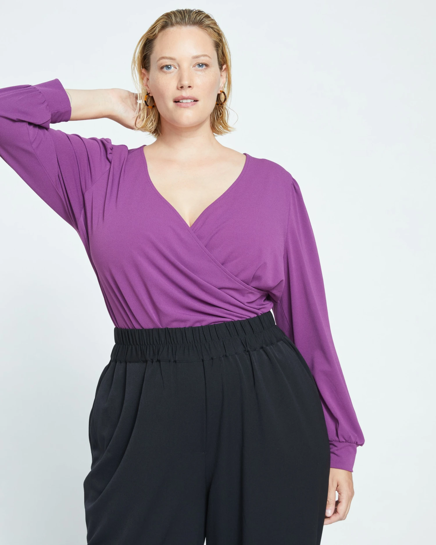 Crepe Jersey Gathered V-Neck Blouse - Compote - Image 2