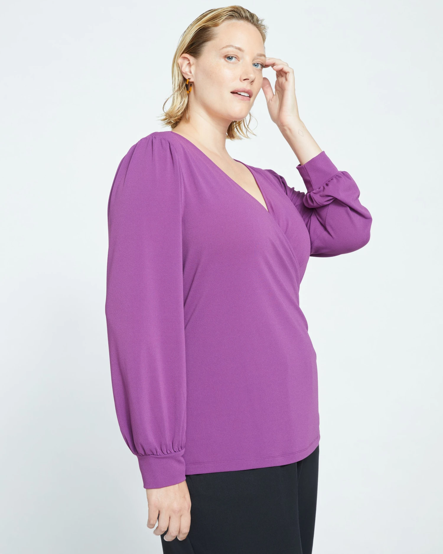 Crepe Jersey Gathered V-Neck Blouse - Compote - Image 3
