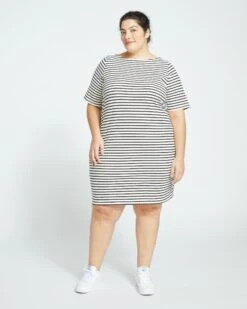 Belle Breton-Stripe Compact Jersey Dress - Ecru/Black Stripe