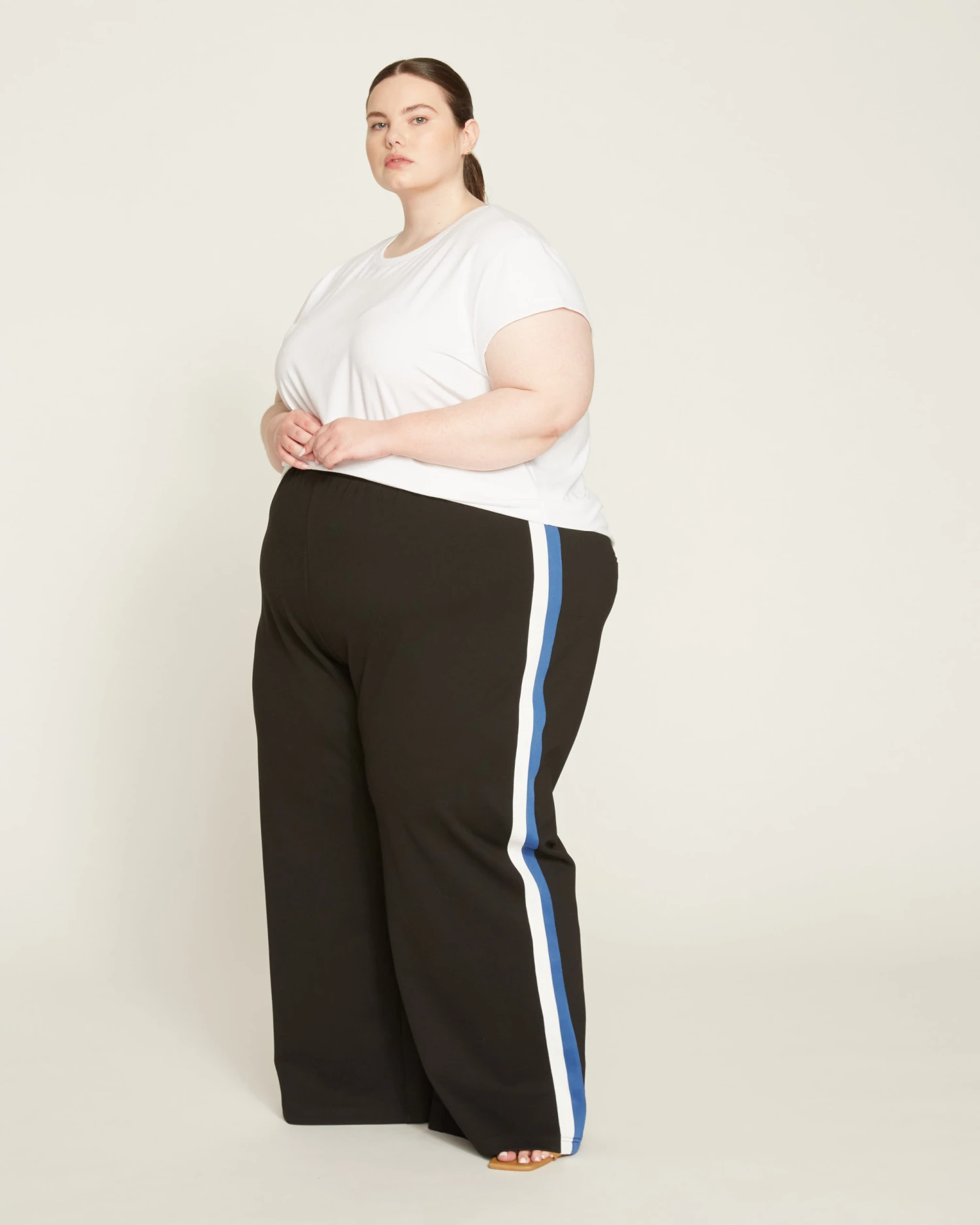 Stephanie Wide Leg Stripe Ponte Pants 30 Inch - Black With Blue/White Stripe