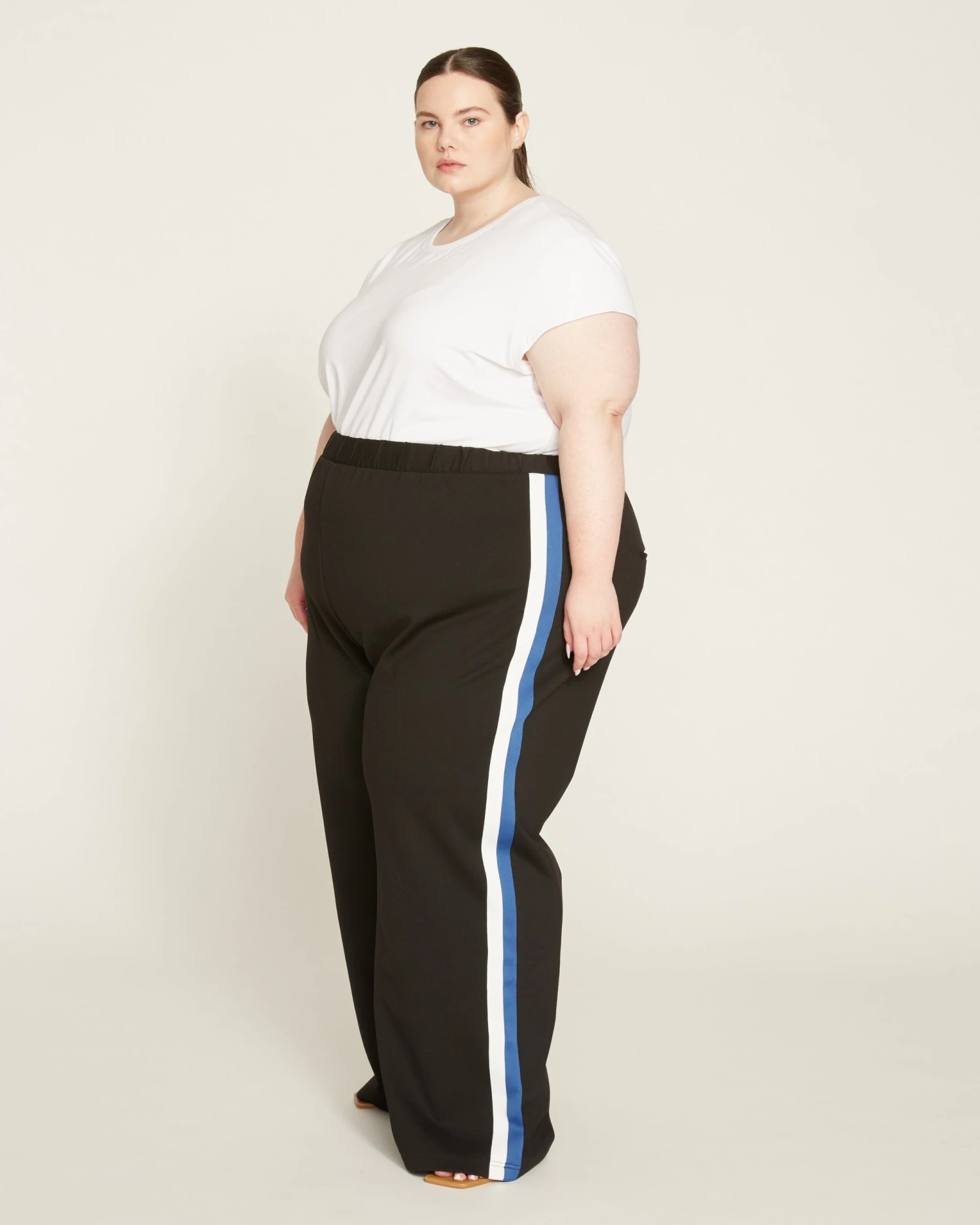 Stephanie Wide Leg Stripe Ponte Pants 30 Inch - Black With Blue/White Stripe - Image 4