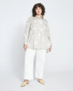 The Big Button-Down - Beige With Painted Flowers