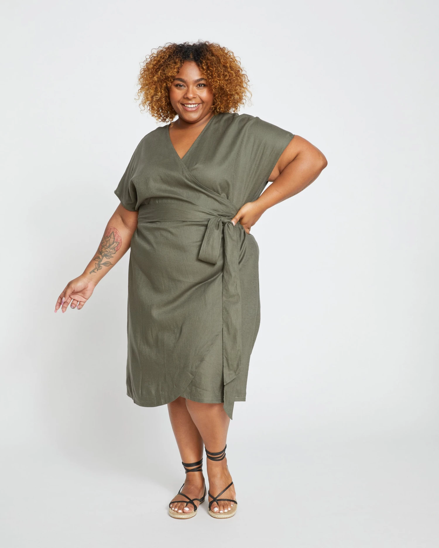 Tulip Hem Linen Wrap Dress - Tarragon