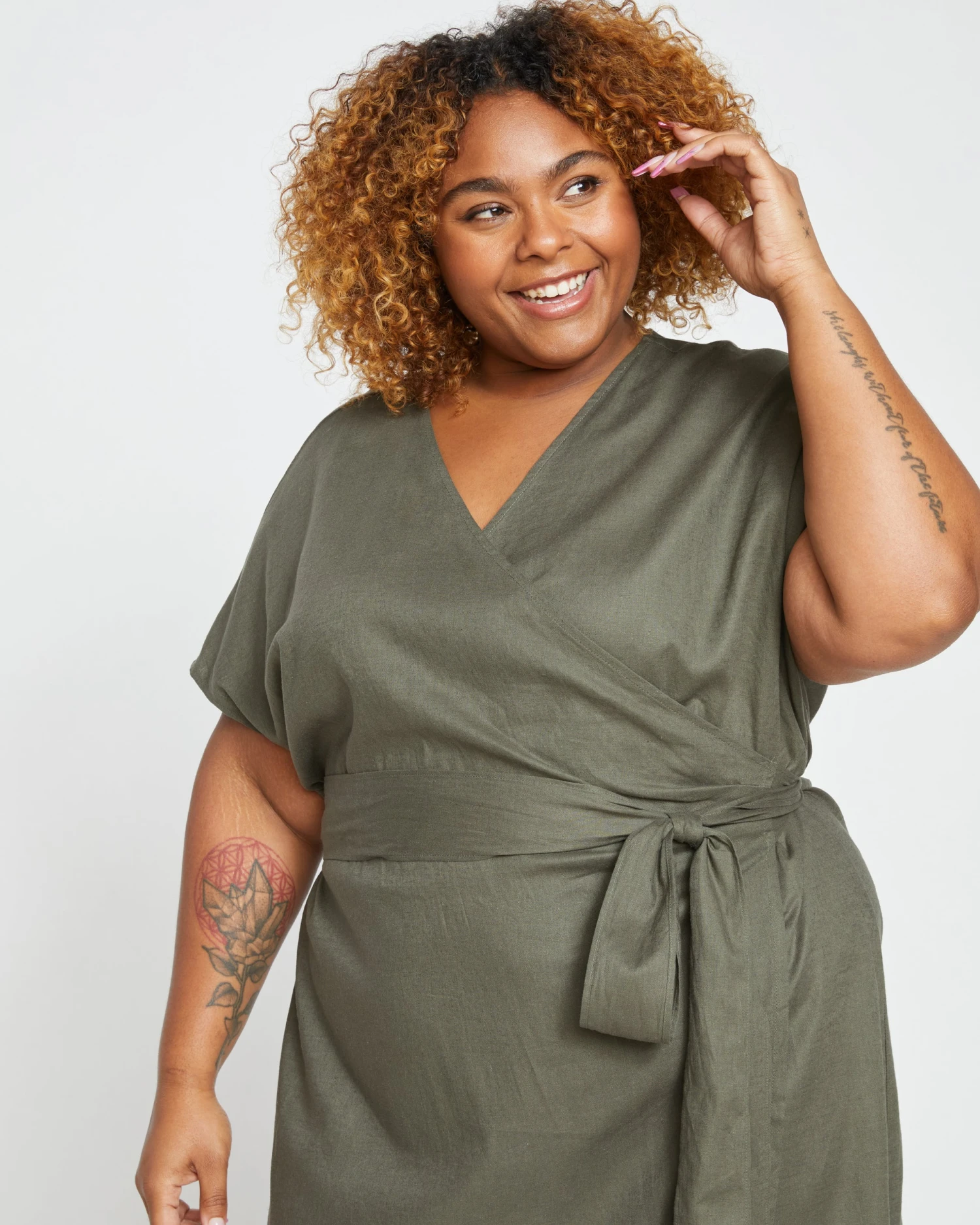 Tulip Hem Linen Wrap Dress - Tarragon - Image 2