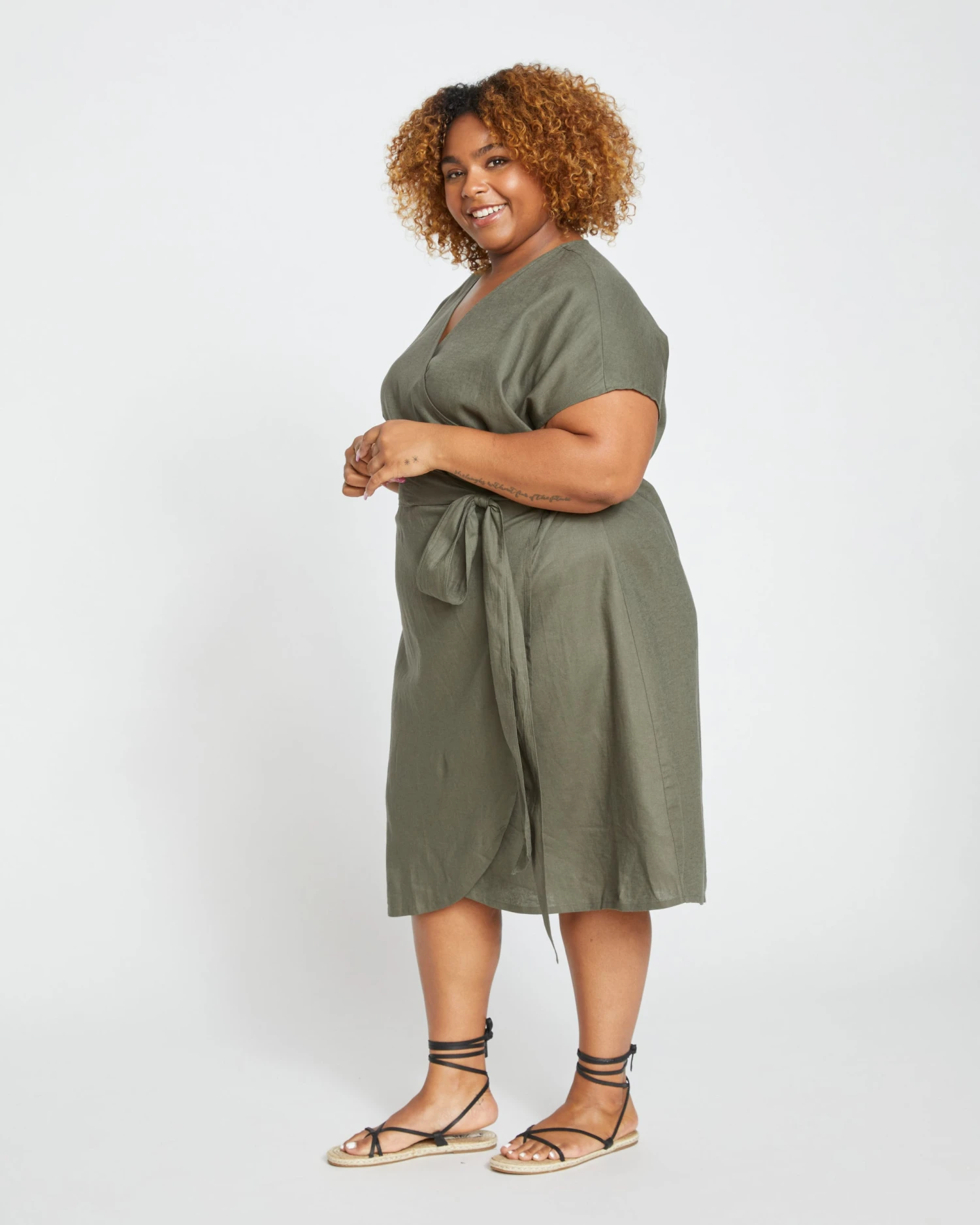Tulip Hem Linen Wrap Dress - Tarragon - Image 3