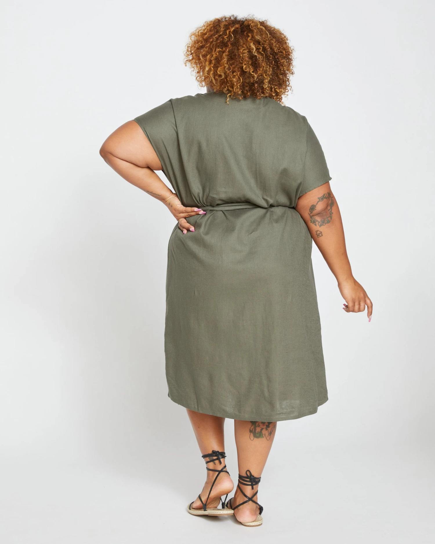 Tulip Hem Linen Wrap Dress - Tarragon - Image 4