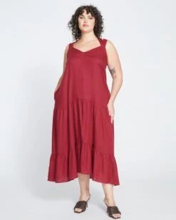 Begonia Tiered Linen Dress - Cabernet