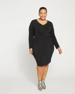 Velvety-Cool Jersey Twist Dress - Black