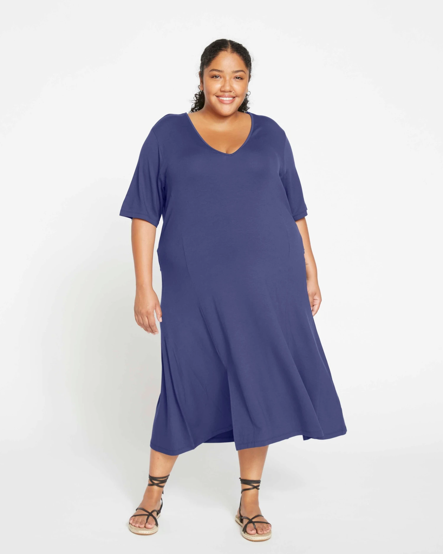 Poise V Neck Midi Dress - True Blue